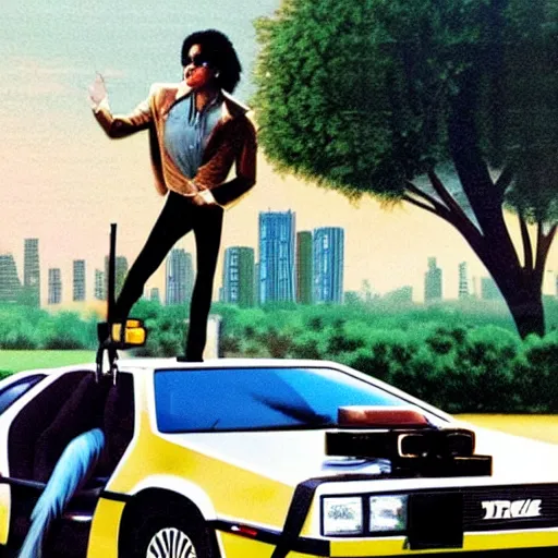 Image similar to michael jackson driving a delorean in a mid century modern style city during a green sunset