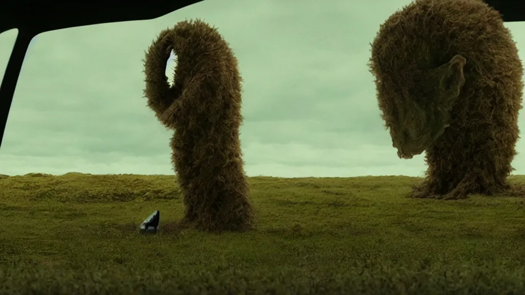 Image similar to the strange creature waits by the car, made of Chlorophyll and blood, film still from the movie directed by Denis Villeneuve with art direction by Salvador Dalí, wide lens