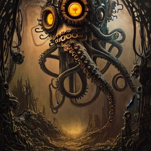 Image similar to biomechanical steampunk creature with robotic parts and big octopus head and (glowing) eyes guarding an ancient lush cave in a mystic forest, gothic and baroque, brutalist architecture, ultradetailed, creepy ambiance, fog, artgerm, giger, Intricate by Ellen Jewett and Josan Gonzalez and Giuseppe Arcimboldo