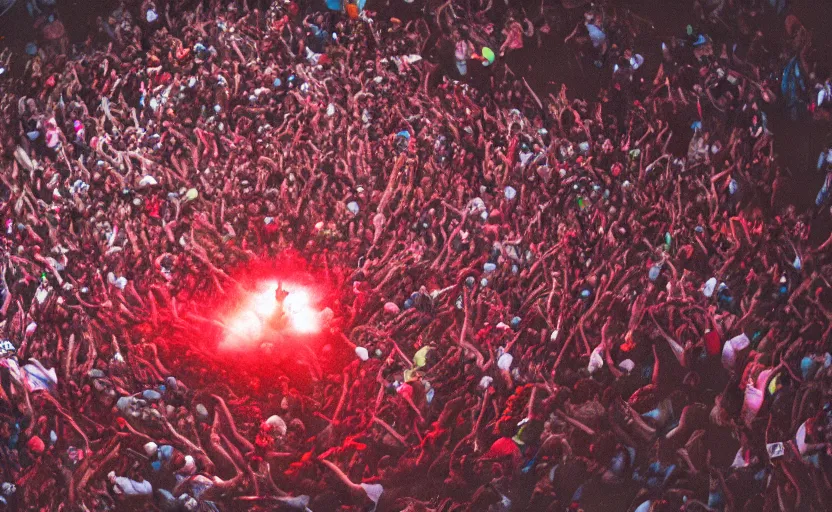 Image similar to medium overhead view picture of a moshpit during a rock concert with red liquid being spelt all over the crowd, Cinestill 800t 18mm, heavy grainy picture, very detailed, high quality, 4k panoramic, HD criterion, dramatic lightning