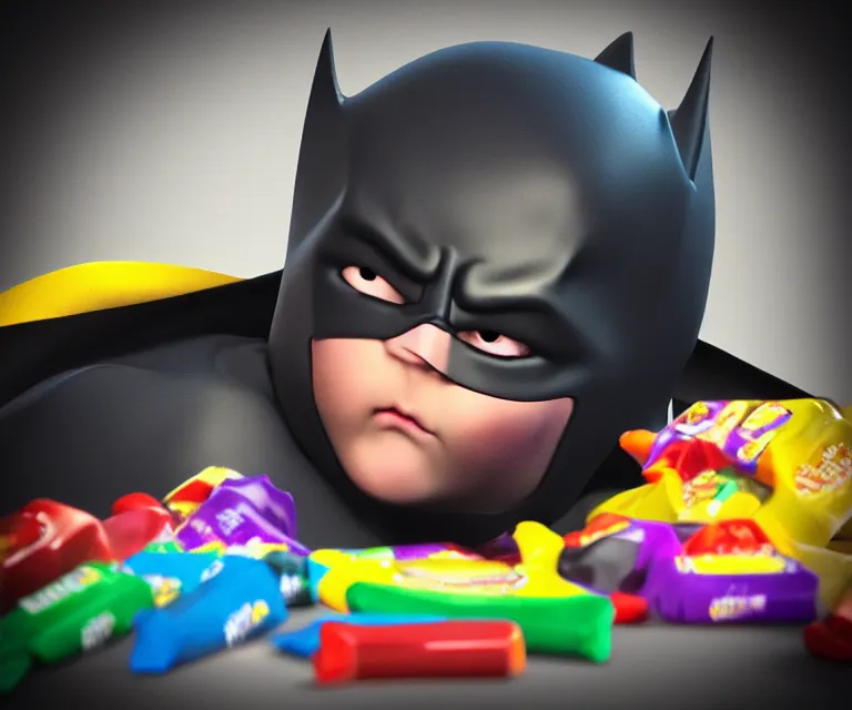 Image similar to “ sad batman, eating crayons from the box, small hands, simple, hyperrealism, photorealistic, hyperrealism, highly detailed, octane render, 8 k, high def ”