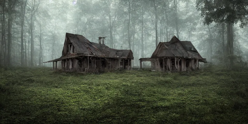 Prompt: an abandoned and decrepit wooden house in a lush forest, architectural photography, dark and dim lighting, beautiful, tranquil, moody, cinematic, fantasy, 3 5 mm lens, volumetric lighting, first person view, photographic render, hyper realistic