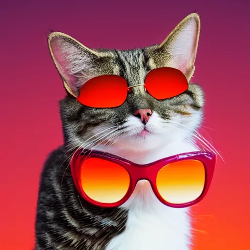 Prompt: Cat wearing sunglasses, studio lighting, red orange gradient background