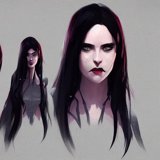 Image similar to female human vampire witch in the style of greg rutkowski, makoto shinkai, trending on artstation, character design, concept art, pretty face, highly detailed, long black hair, portrait, digital art