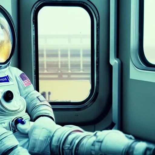 Image similar to a beautiful photo of an astronaut sitting in a train, soft light, morning light, photorealistic, realistic, octane, 8k, cinematic shot