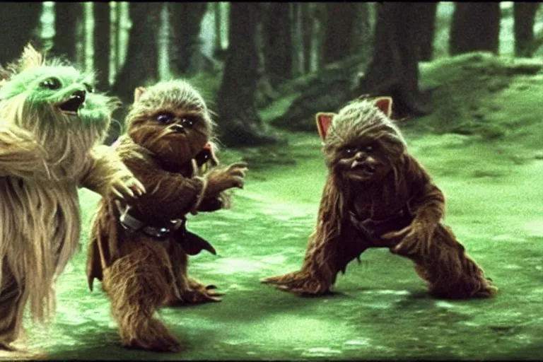 Image similar to furry yoda fighting a slimy ewok, still from star wars film 1 9 7 0