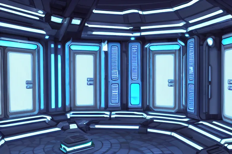 Image similar to futuristic tardis interior stylized like portal 2