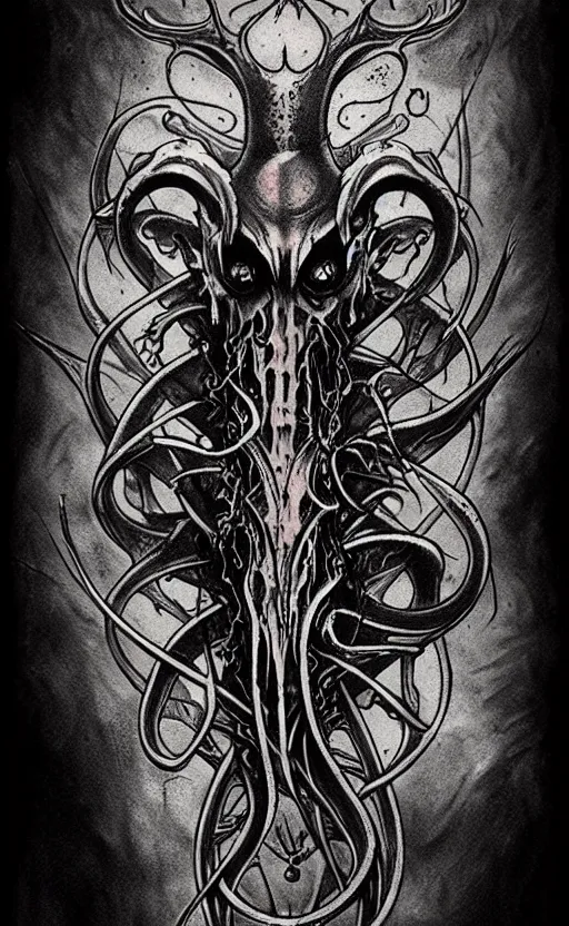 Prompt: tattoo flash art cthulhu by greg rutkowski, by giger, by maxim verehin