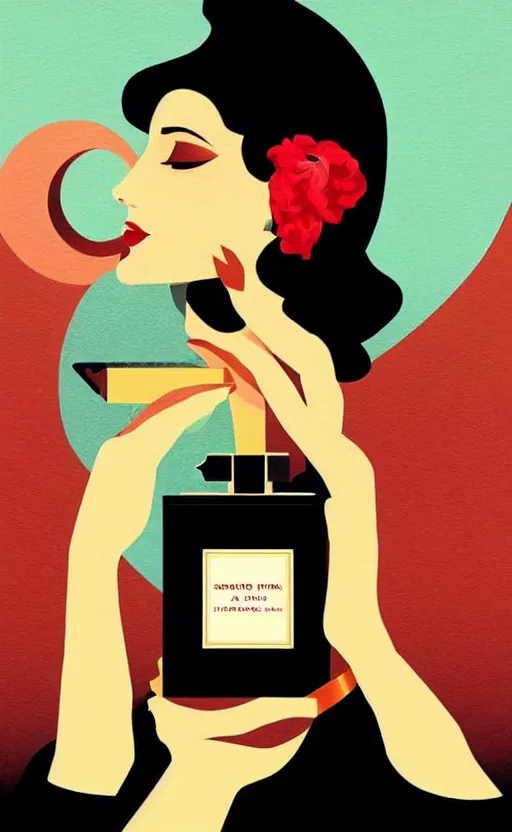 Image similar to illustration, close - up photo with beautiful bottle of perfume near nose, sniffing the aroma, an art deco painting by tom whalen, trending on behance, art deco, digital illustration, storybook illustration, grainy texture, flat shading, vector art, airbrush, pastel, watercolor, poster