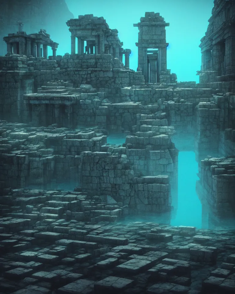 Prompt: full color, low wide shot of submerged pre - incan temple, underwater, statues, anime style mixed with fujifilm, dark, foggy, atmospheric, artstation, cgsociety, octane render, cgi, unreal engine 5, denoise, detailed, cinematic masterpiece