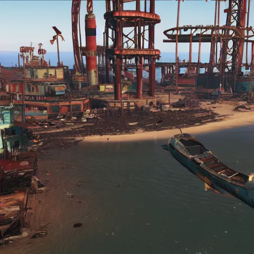 Image similar to Santa Monica Pier in ruins post-nuclear war in Fallout 4, in game screenshot