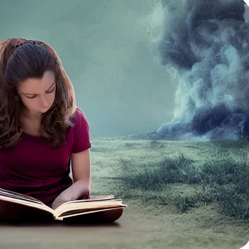 Image similar to VFX movie of a girl reading book, hair flowing down, by Michael Bay