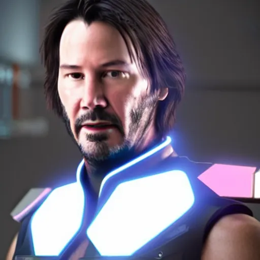 Prompt: keanu reeves when he was 3 0 years in vaporware city wearing a led tron legacy suit, front face, highly detail. octane render