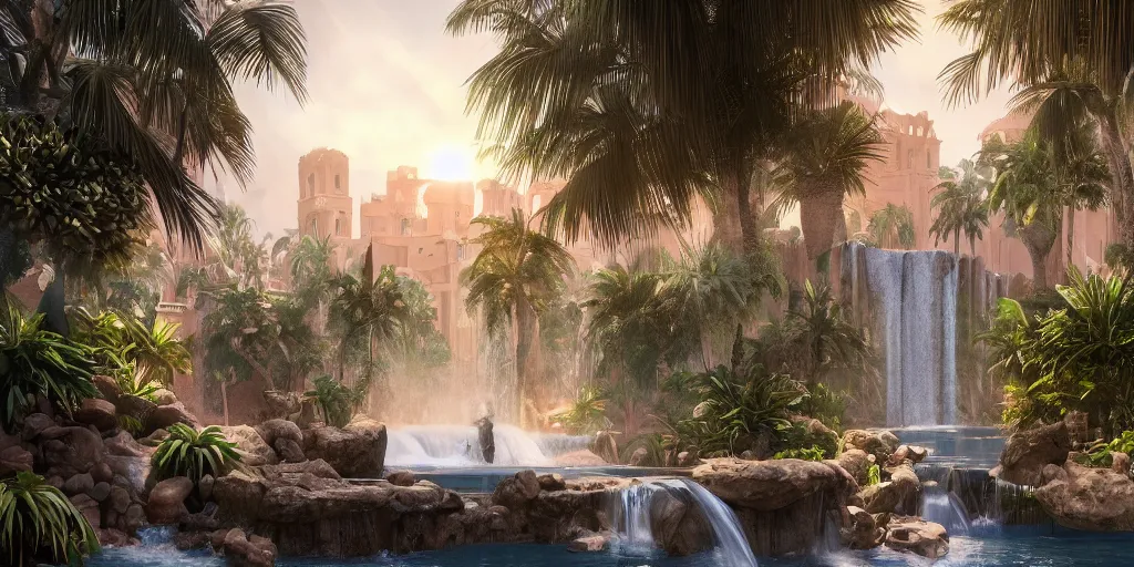 Image similar to beautiful oasis waterfalls surrounded by palm trees, moroccan tile archways, date trees, ivory towers, sun setting, ross tran, nephilim, pyroclastic flow, ethereal, fantasy, james jean, oozium, peter morbacher angelarium alchemy luxury heavenly light soft illumination, trending on artstation, cinematic lighting, digital painting, octane render, artgerm