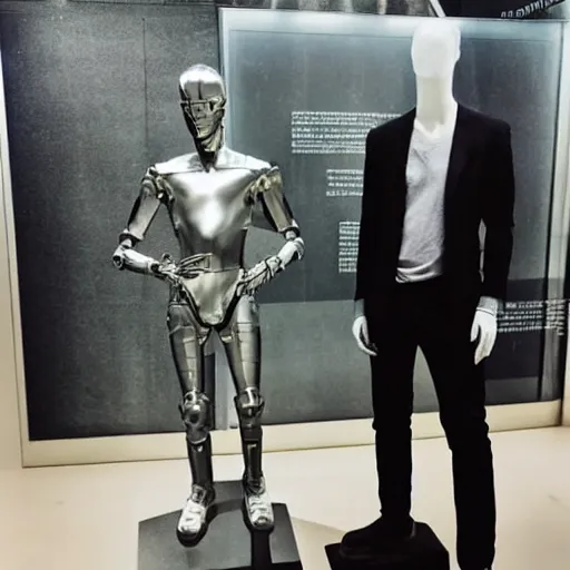 Image similar to “a realistic detailed photo of a guy who is an attractive humanoid who is half robot and half humanoid, who is a male android, actor Grant Gustin, shiny skin, posing like a statue, blank stare, at the museum, on display”