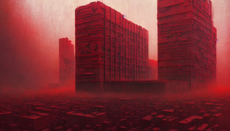 Image similar to only with red, soviet communism horror brutalist architecture apocalyptic with soviet flag, crowd cheering, in the style of beksinski and rodcenko and yue minjun and cory loftis, intricate and epic composition, red by caravaggio, highly detailed, masterpiece, red light, artstation, art nouveau