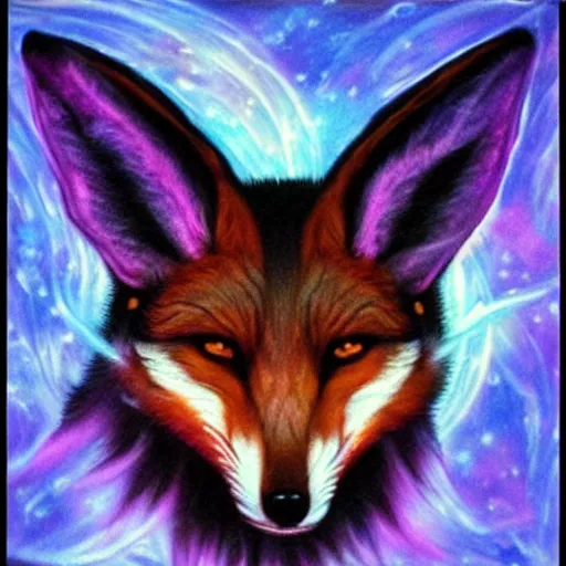 Image similar to a realistic blacklight black velvet painting of an avatar of an awesome foxfolk mage with a fox skull face, hummingbird feathers for fur, themed around death and astronomy, in the style of dnd beyond avatar portraits, beautiful, artistic, elegant, lens flare, magical, lens flare, nature, realism, stylized, art by jeff easley