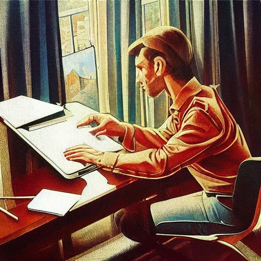 Image similar to detailed intricate soviet realism painting of webdesigner with laptop, heroic, beautiful, by sergei gerasimov