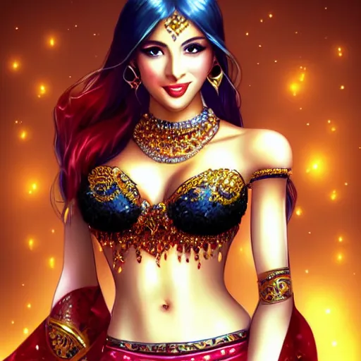 Prompt: very beautiful female belly dancer, smiling, flirty, eye contact, perfect face, perfect body, drawn by artgerm