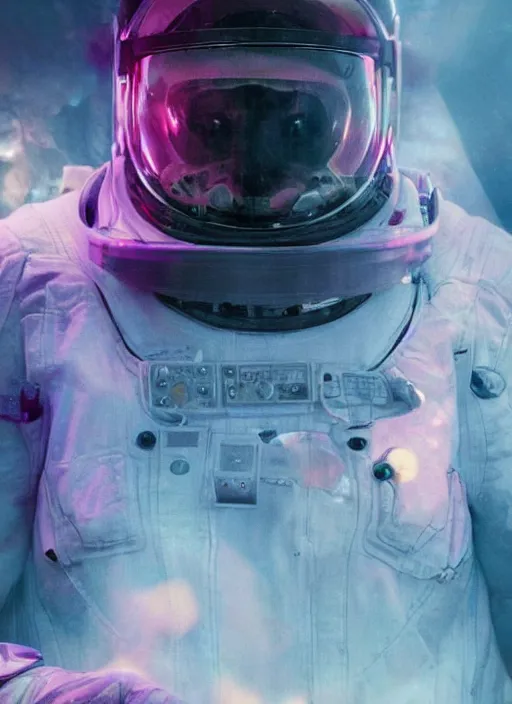 Prompt: complex poster by craig mullins astronaut in futuristic dark and empty spaceship underwater. infrared pink glowing lights. complex and hyperdetailed technical suit. reflection and dispersion materials. rays and dispersion of light. volumetric light. 5 0 mm, f / 3 2. noise film photo. flash photography. unreal engine 4, octane render. interstellar movie art