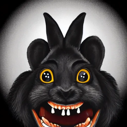 Image similar to A extremely highly detailed majestic hi-res beautiful, highly detailed head and shoulders portrait of a scary terrifying, horrifying, creepy black cartoon rabbit with scary big eyes, earing a shirt laughing, hey buddy, let's be friends, in the style of Walt Disney