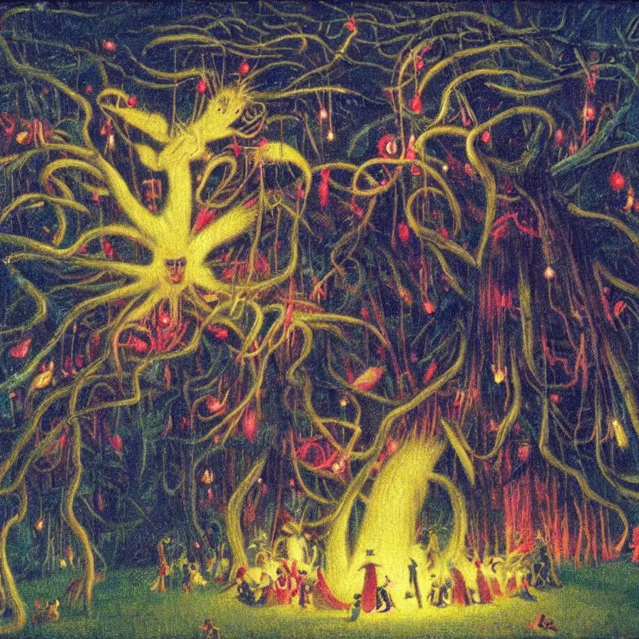 Image similar to closeup of a night carnival inside a tree cavity in a magical forest in the middle of a summer storm, with a music scenario with many fireworks and christmas lights, volumetric lightning, instense god rays in the sky, folklore people disguised with fantastic creatures in a magical forest by summer night, masterpiece painted by alphonse osbert, very coherent and colorful high contrast masterpiece,