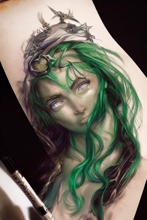 Prompt: closeup portrait shot of green hair tattooed pinup megan fox, rogue bard, dnd, highly detailed, digital painting, artstation, concept art, soft focus, depth of field, artgerm, tomasz alen kopera, peter mohrbacher, donato giancola, wlop, boris vallejo