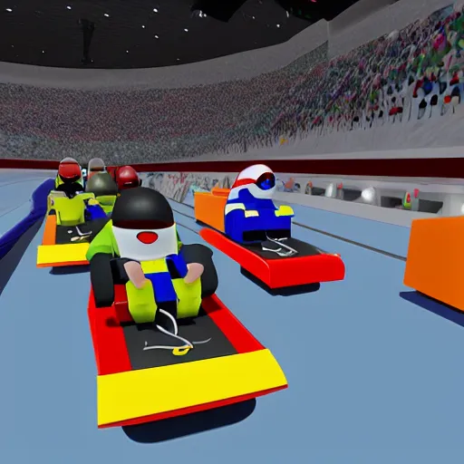 Prompt: photograph of a group of roblox avatars bobsledding in the olympics