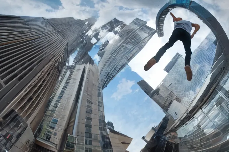 Image similar to first person perspective pov of parkour at high buildings