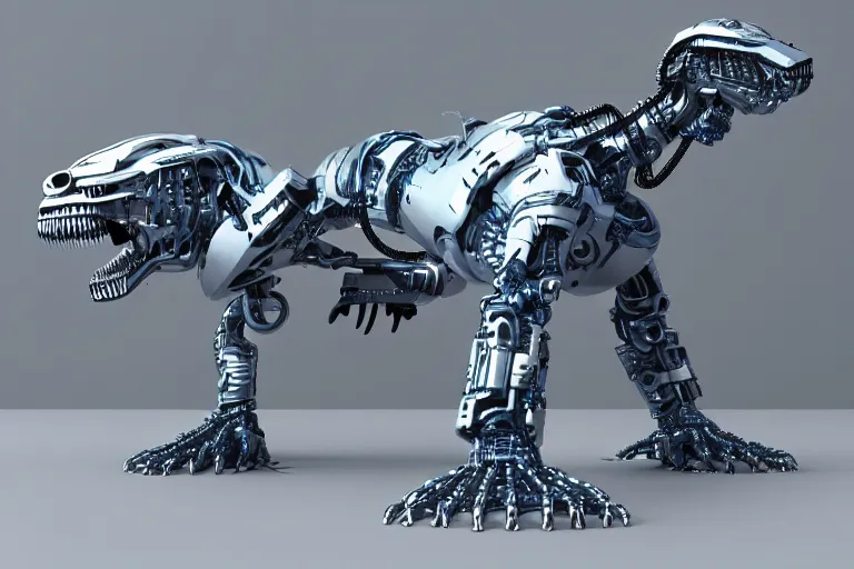 Image similar to futuristic metal cybernetic!! t - rex!!! white blue grey, octane render, studio light,