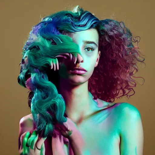 Prompt: flume and former cover art future bassgirl unwrapped statue bust curls of hair petite lush body photography model body art futuristic material style of Jonathan Zawada and Thisset colours