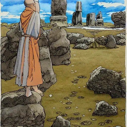 Image similar to a hyperrealist studio ghibli watercolor fantasy concept art. in the foreground is a giant monk in a grey robe lifting a stone. in the background is stonehenge. the scene is underwater on the sea floor. by rebecca guay, michael kaluta, charles vess