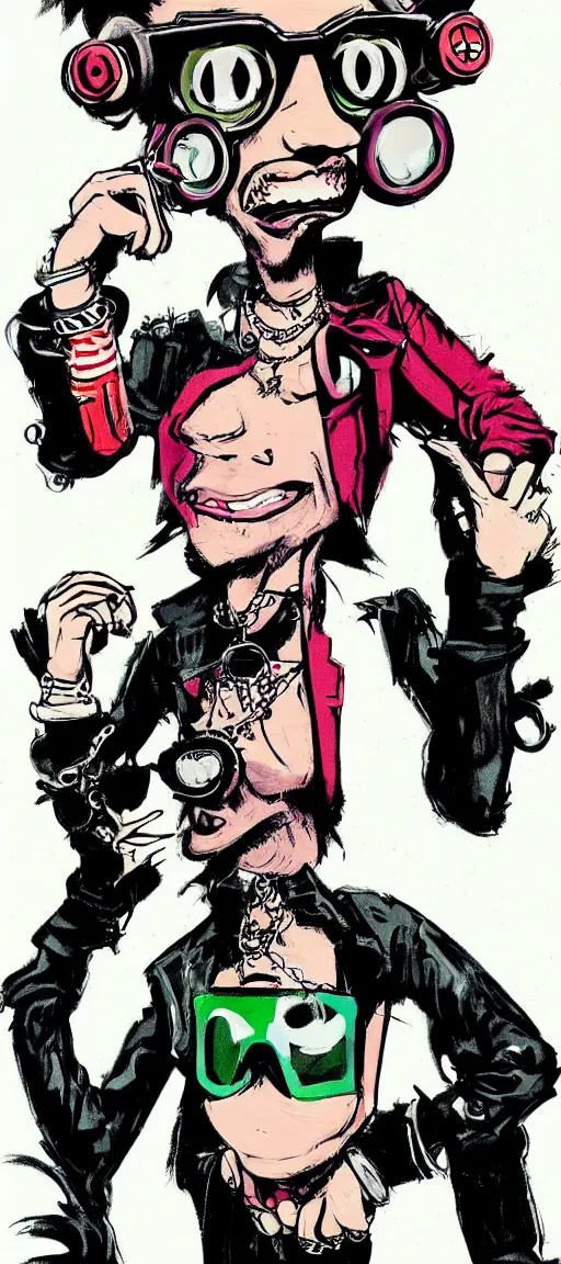 Prompt: a 80s punk guy wearing goggles and eccentric jewelry by jamie hewlett :: full body character concept art, character concept art, color,