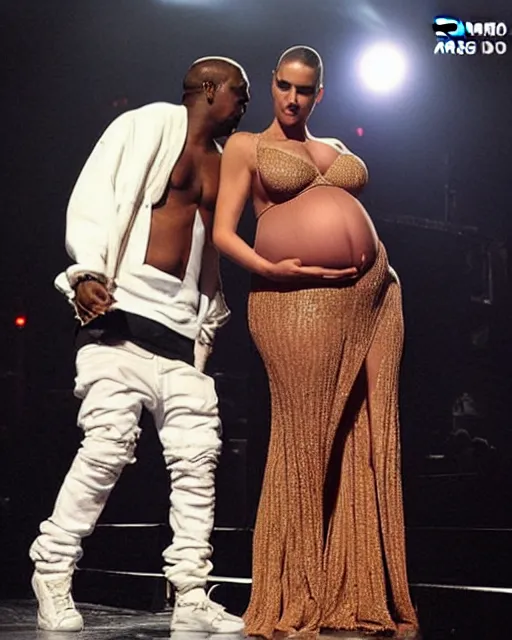 Image similar to “Kanye West pregnant while performing on stage, belly exposed, big belly”
