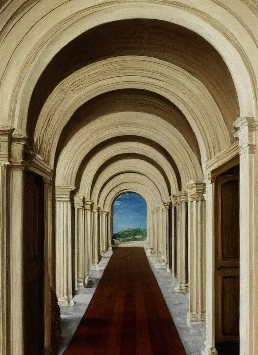 Prompt: a thomas cole painting of a hallway with round arches decorated by wes anderson