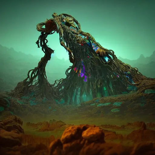 Image similar to ancient giant dead god being made of opal in desolate and lush landscape, moody, :: by Jeff Koons, Dan McPharlin Daniel Merrian :: ornate, dynamic, particulate, rich colors, intricate, elegant, highly detailed, centered, artstation, smooth, sharp focus, octane render, 3d