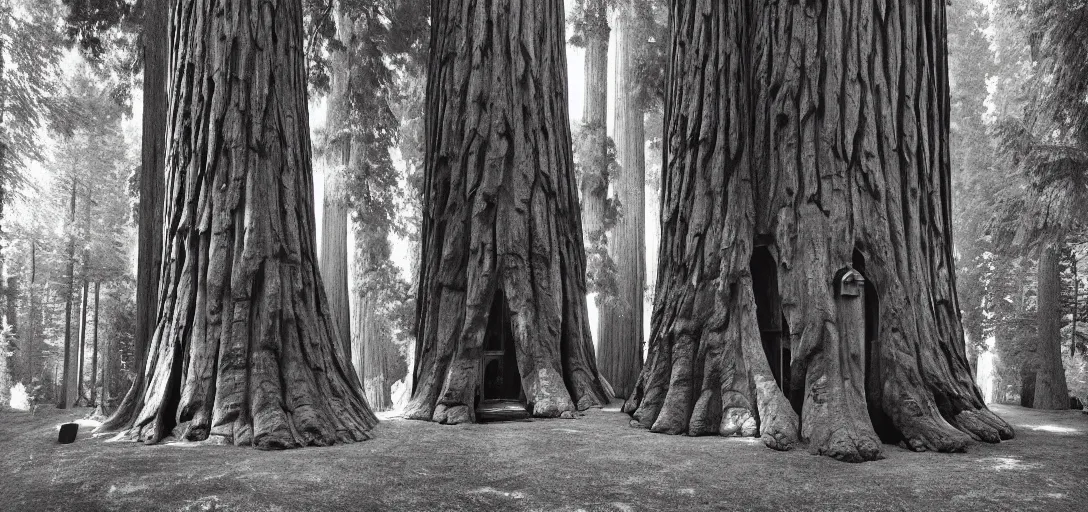 Image similar to house built into and inside a single giant sequoia. photograph by jerry uelsmann.