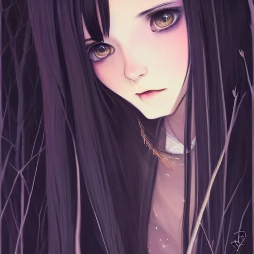 Image similar to a beautiful girl with long dark hair, wearing a black outfit, forest background, intricate, highly detailed, digital painting, artstation, official media, anime key visual, concept art, rich vivid colors, ambient lighting, sharp focus, illustration, art by Artgerm, Makoto Shinkai, Ilya Kuvshinov, Lois Van Baarle, and Rossdraws