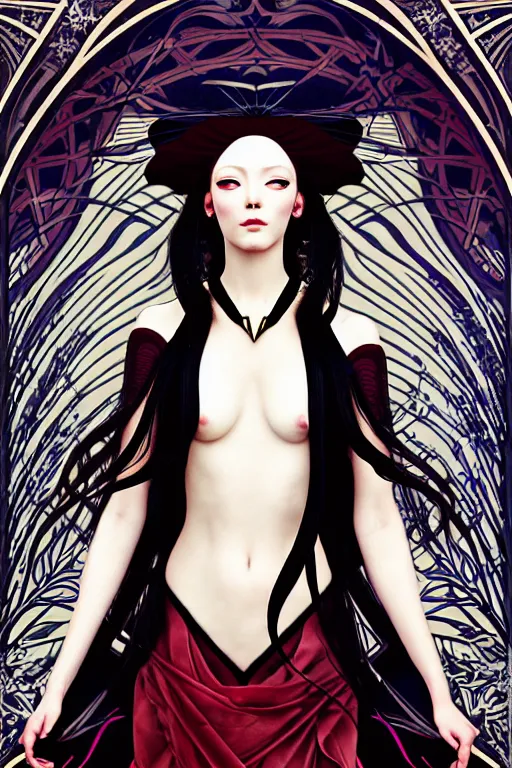 Image similar to a triad of winter muses, style blending æon flux, shepard fairey, botticelli, ivan bilibin, and john singer sargent, inspired by pre - raphaelites, shoujo manga, and harajuku fashion, stark landscape, muted dark colors, superfine inklines, ethereal, otherworldly, 4 k photorealistic, arnold render