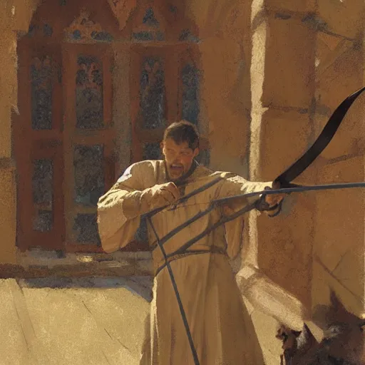 Image similar to portrait of man in medieval clothes aiming a bow by craig mullins, greg manchess, bernie fuchs, walter everett, lost edges