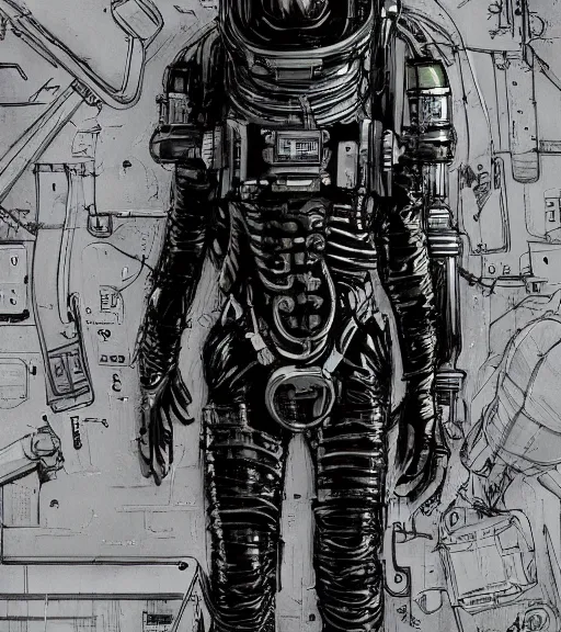 Image similar to realistic cyberpunk engineer with long limbs and a black spacesuit on a spacewalk, techwear, dead space, visible face, Industrial Scifi, detailed illustration, character portrait, by Ashley Wood and Moebius