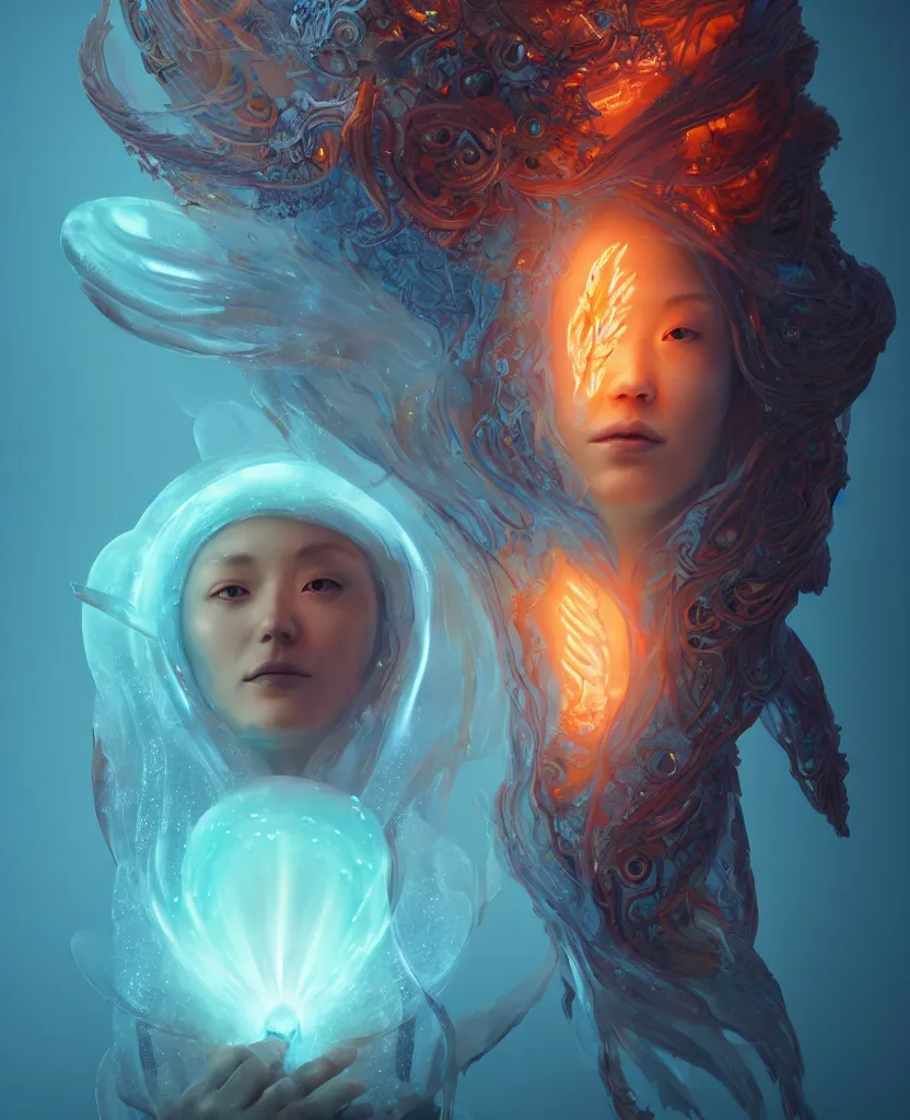 Prompt: goddess hooded portrait. jellyfish phoenix head, nautilus, butterfly, skull, ice and fire, bioluminiscent creatures, intricate artwork by Tooth Wu and wlop and beeple. octane render, trending on artstation, greg rutkowski very coherent symmetrical artwork. cinematic, hyper realism, high detail, octane render, 8k