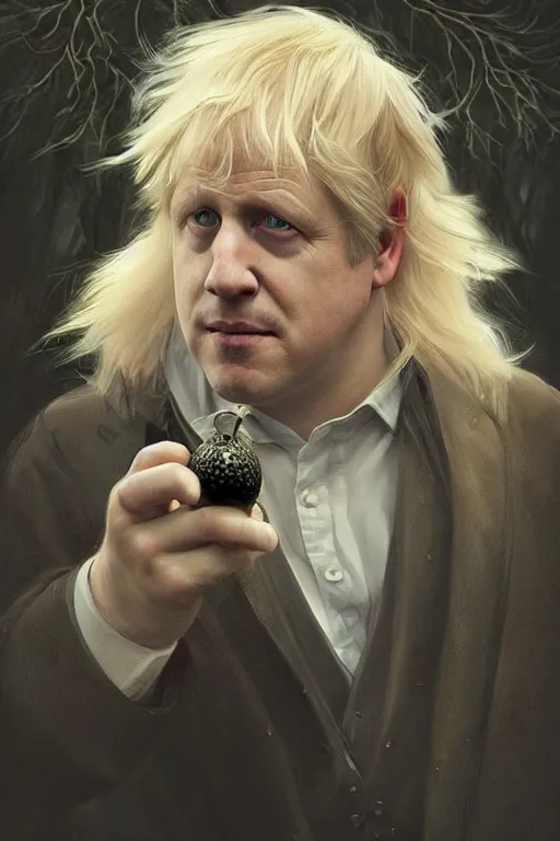 Image similar to beautiful cottagecore Boris Johnson holding a Black Onion, blonde Hair, dark forest, intricate, elegant, highly detailed, digital painting, artstation, concept art, smooth, sharp, focus, illustration, art by artgerm and greg rutkowski and alphonse mucha