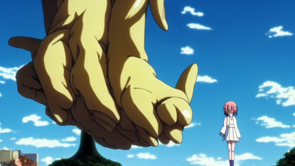 Image similar to a giant statue of a rabbits foot, anime film still from the an anime directed by Katsuhiro Otomo with art direction by Salvador Dalí, wide lens