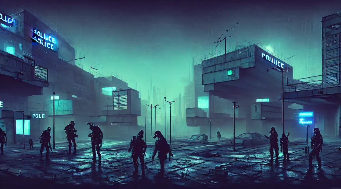 Prompt: post - apocalyptic police station, building, paved roads, sci - fi art, highly detailed photography, trending on artstation, hyperrealistic, human silhouettes, cyberpunk, environment artist, dystopian, science fiction, synthwave neon retro, concrete, vivid colors