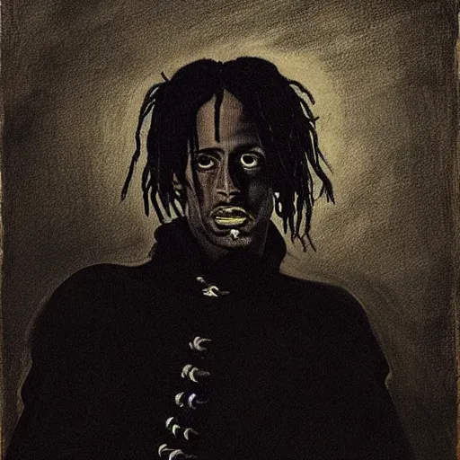 Prompt: a portrait of Travis Scott in the style of Francisco Goya, dark, creepy, high contrast, nihilistic