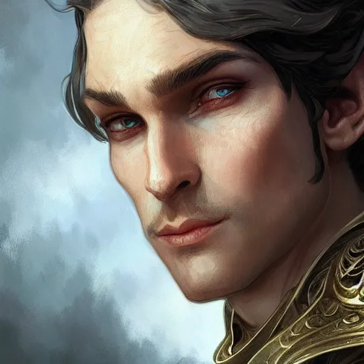 Image similar to up close portrait of a handsome male elf, d & d, face, fantasy, intricate, elegant, highly detailed, digital painting, artstation, concept art, smooth, sharp focus, illustration, art by artgerm and greg rutkowski and alphonse mucha