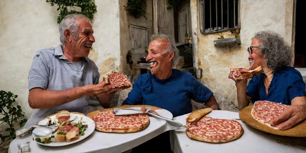 Image similar to photography of a cat sharing mortadella with his happy owner at a trullo house, photoreal, 3 5 mm, award winning photography