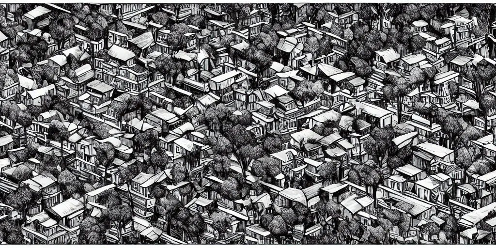 Image similar to cinematic high contrast graphic illustration of a hyper detailed village in the treetops