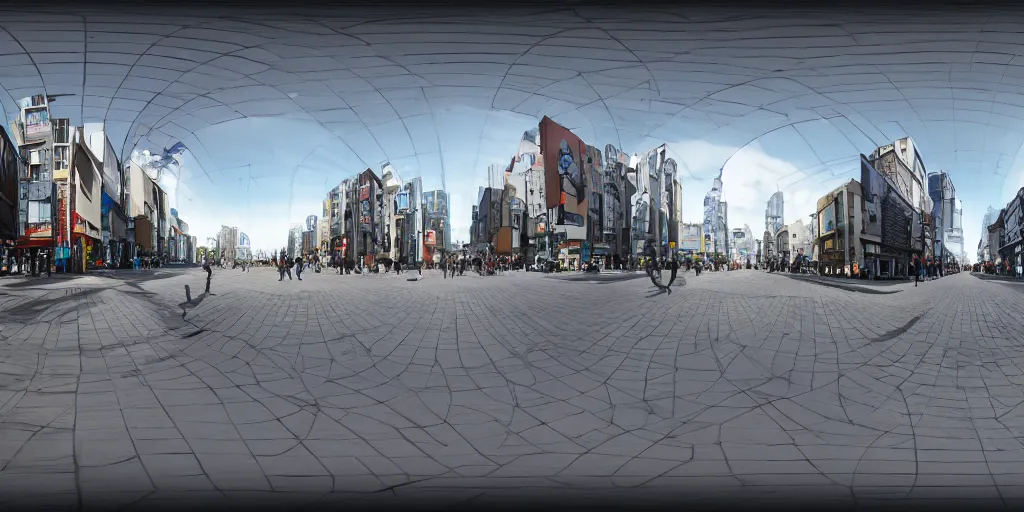 Prompt: equirectangular 360 vr modern urban street , highly detailed, photorealistic, reflections, smooth, sharp focus, concept art, illustration, beautiful, geometric, trending on artstation, cinematic, featured on behance , artwork by WLOP and Tran, Ross